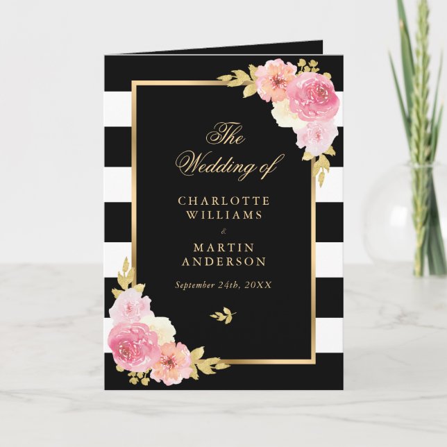 Watercolor Black White Gold Pink Floral Wedding Programme (Front)