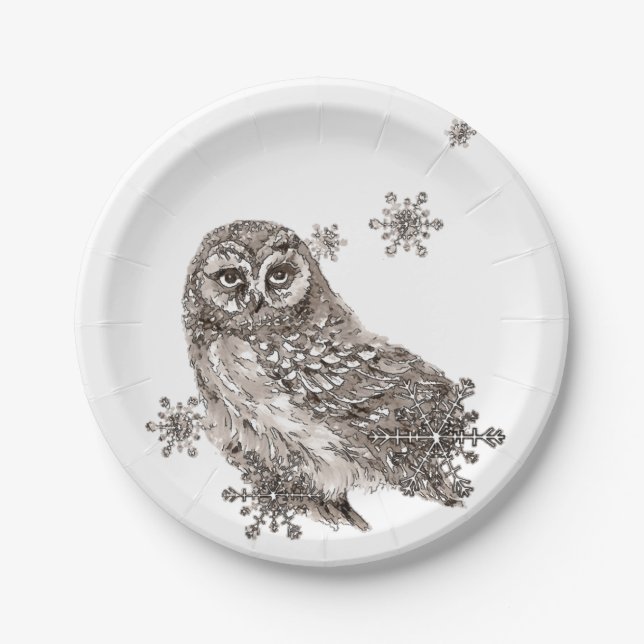 Watercolor Black & White Owl Bird Snowflakes Paper Plate (Front)