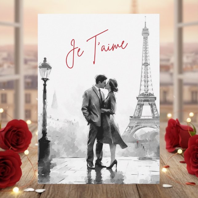 Watercolor Black White Paris Je T'aime Valentine's Holiday Card (Creator Uploaded)