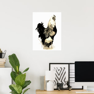 Watercolor Black White Rooster Chicken Farm Bird Poster