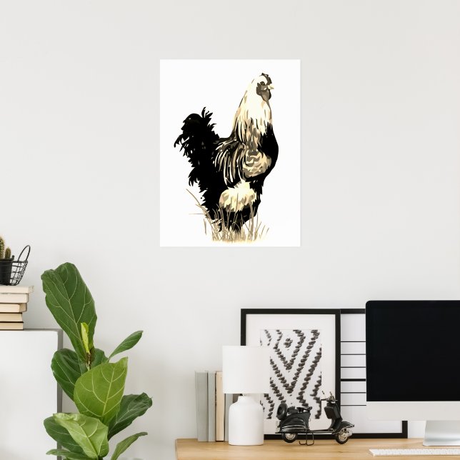 Watercolor Black White Rooster Chicken Farm Bird Poster (Home Office)