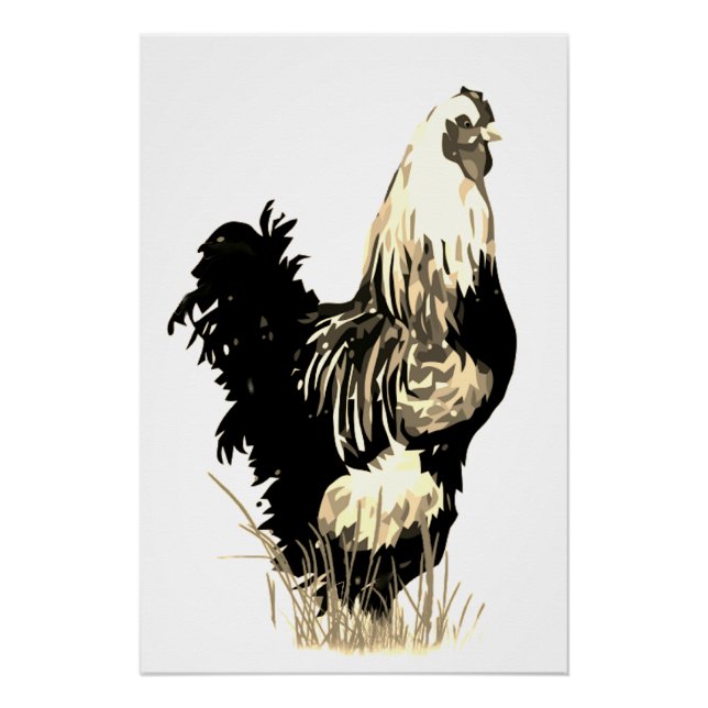 Watercolor Black White Rooster Chicken Farm Bird Poster (Front)