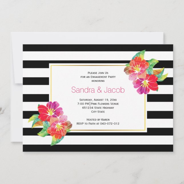 Watercolor black white wedding engagement party invitation (Front)