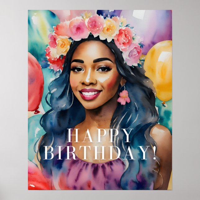 Watercolor Black Woman Colourful Happy Birthday Poster (Front)