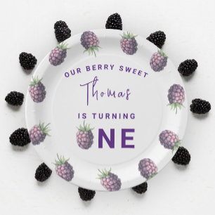 Watercolor blackberries 1st birthday party paper plate