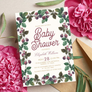 Watercolor Blackberries Girl Baby Shower Invitation