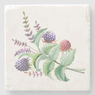 Watercolor Blackberries Raspberries Bouquet Stone Coaster