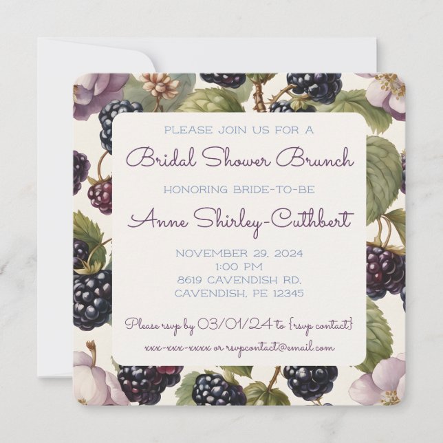 Watercolor Blackberries & Regal Blooms Square Invitation (Front)