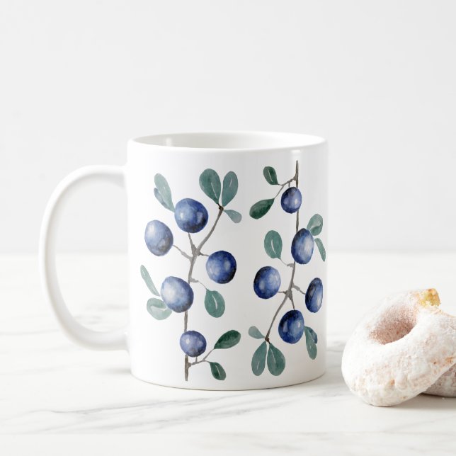 Watercolor Blackthorn Berries Coffee Mug (With Donut)