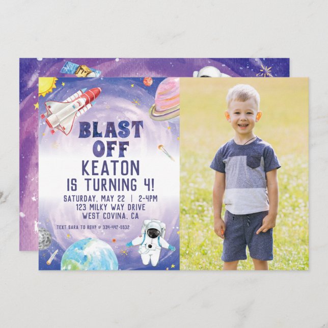 Watercolor Blast Off Space Birthday Invitation (Front/Back)