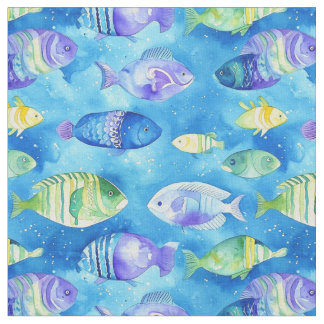 "Watercolor Bleu and Pink Fish Underwater Seamless Fabric