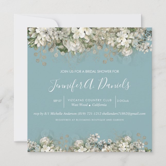 Watercolor Bloom Blue Bridal Shower Invitation (Front)