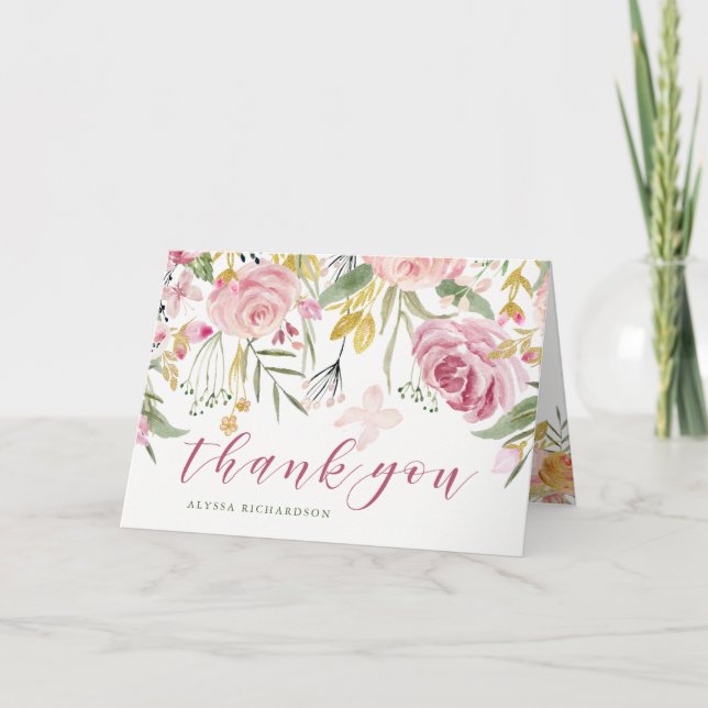 Watercolor Bloom Pink | Gold Floral Thank You (Front)