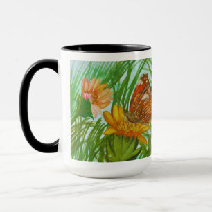 Watercolor blooming flower and butterfly mug