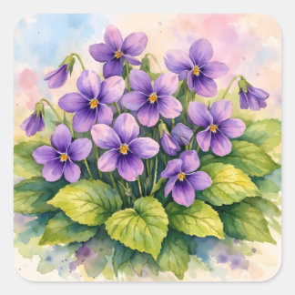 Watercolor Blooming Purple Violets Square Sticker