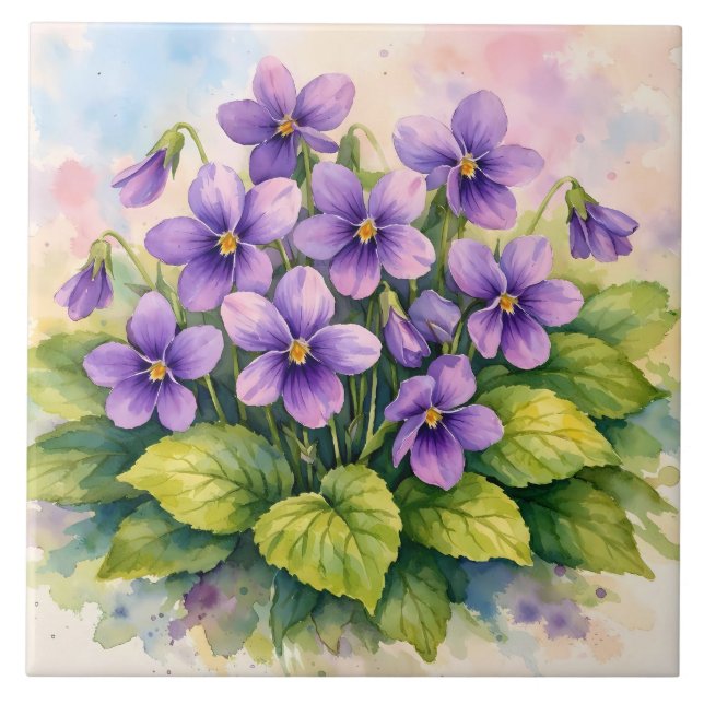 Watercolor Blooming Purple Violets  Tile (Front)