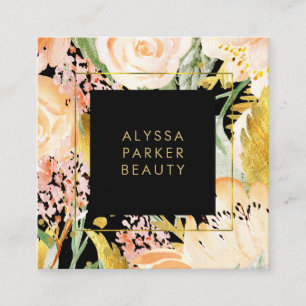 Watercolor Blooms Gold and Peach Floral on Black Square Business Card
