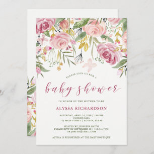 Watercolor Blooms Pink and Gold Floral Baby Shower Invitation