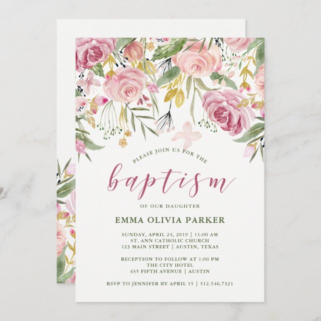 Watercolor Blooms | Pink and Gold Floral Baptism Invitation (Front/Back)