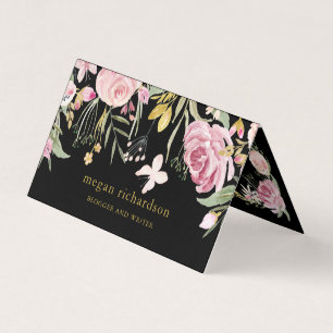 Watercolor Blooms Pink and Gold Floral on Black Business Card