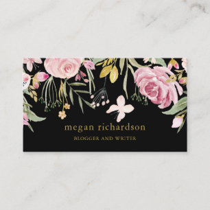 Watercolor Blooms Pink and Gold Floral on Black Business Card