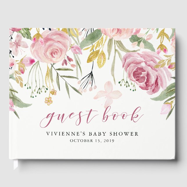 Watercolor Blooms | Pink and Gold Floral Party Guest Book (Front)