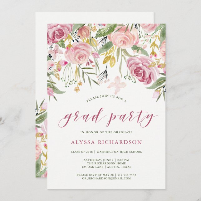 Watercolor Blooms Pink and Gold Graduation Party Invitation (Front/Back)
