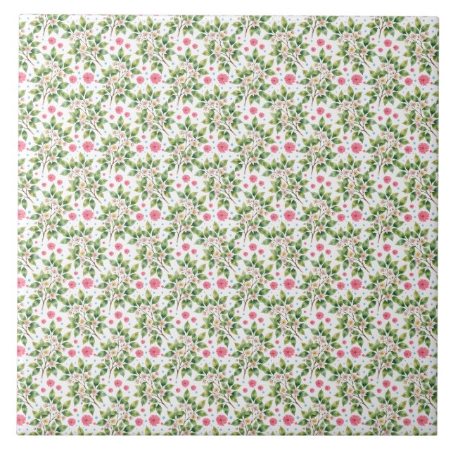 Watercolor Blossom Branch Floral Pattern Tile (Front)