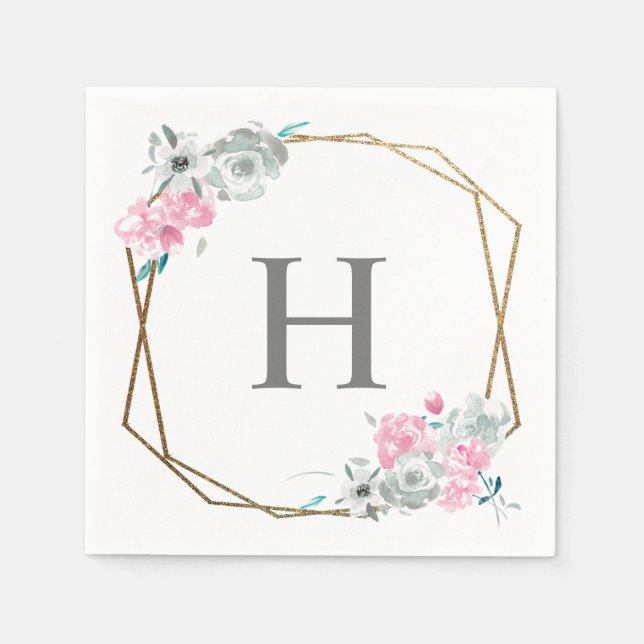 "Watercolor Blossom" Personalised Monogram Wedding Napkin (Front)