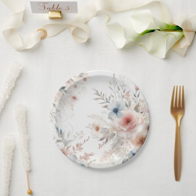 "Watercolor Blossoms: Modern Floral Paper Plates (Wedding)