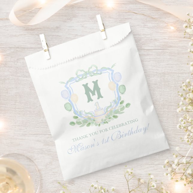 Watercolor Blue 1st Birthday Monogram Crest Gift Favour Bags (Clipped)