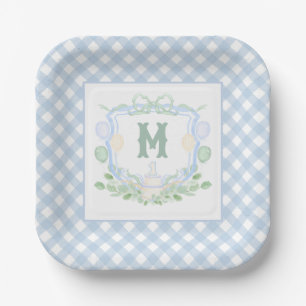 Watercolor Blue 1st Birthday Monogram Crest Party Paper Plate