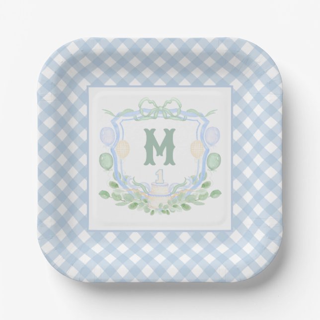 Watercolor Blue 1st Birthday Monogram Crest Party Paper Plate (Front)