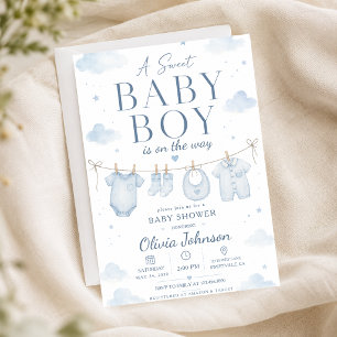 Watercolor Blue A Sweet Baby Boy Shower Elegant Invitation