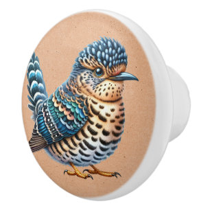 Watercolor Blue and Brown Speckled Bird on Brown Ceramic Knob