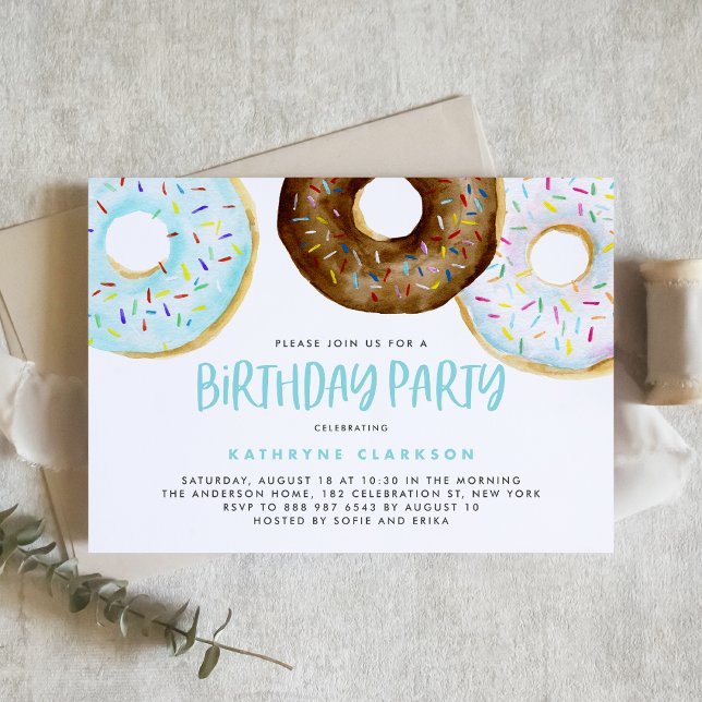 Watercolor Blue and Chocolate Doughnuts Birthday Invitation (Creator Uploaded)