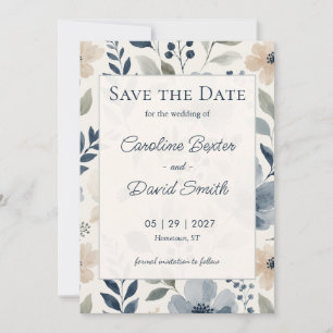 Watercolor Blue and Cream Flowers Floral Wedding Save The Date