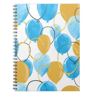 Watercolor blue and glittering gold balloons seaml notebook
