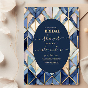 Watercolor Blue and Gold Art Deco Bridal Invitation