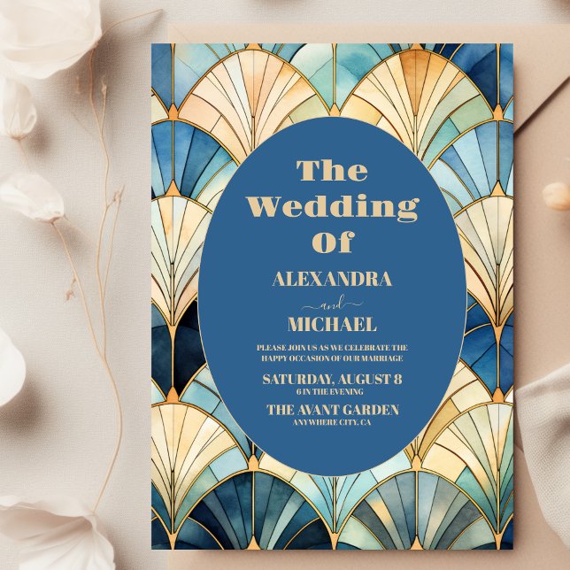 Watercolor Blue and Gold Art Deco Wedding  Invitation (Creator Uploaded)