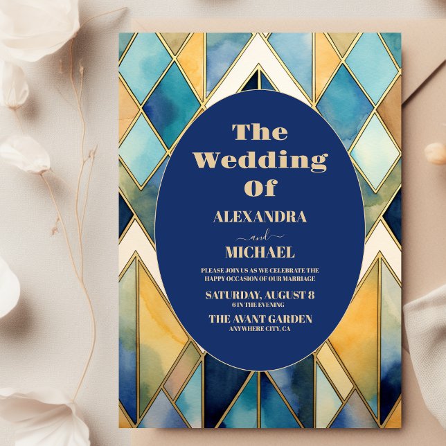 Watercolor Blue and Gold Art Deco Wedding  Invitation (Creator Uploaded)