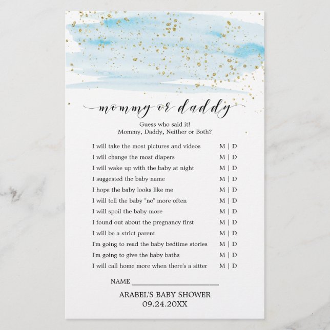 Watercolor Blue and Gold Baby Word Scramble Game (Front)