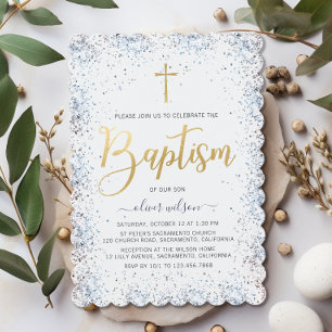 Watercolor Blue And Gold Boy Baptism Invitation
