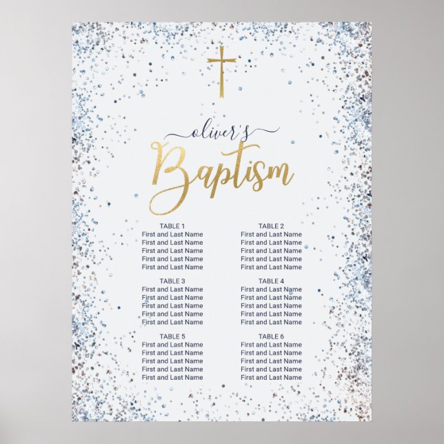 Watercolor Blue And Gold Boy Baptism Seating Chart (Front)