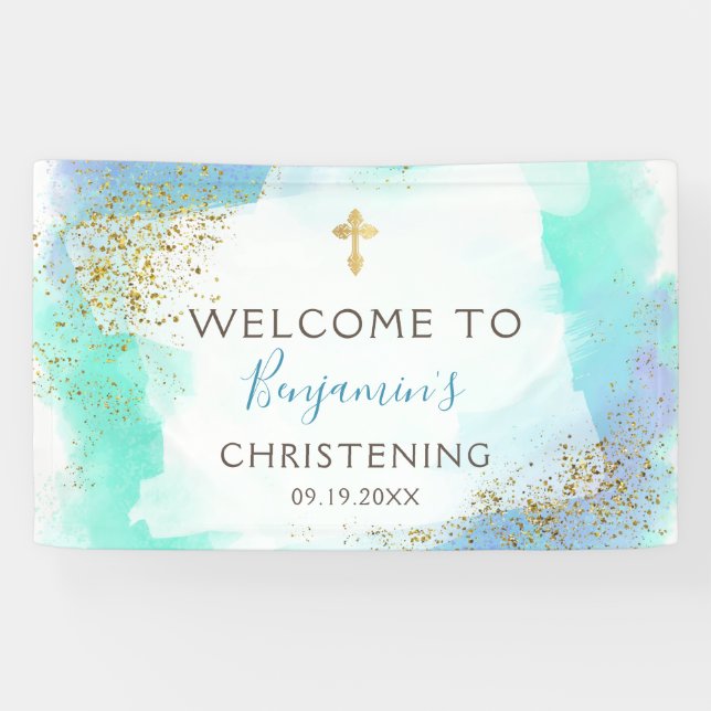 Watercolor Blue And Gold Christening Welcome  Banner (Horizontal)