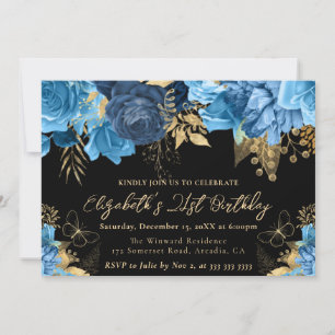 Watercolor Blue and Gold Flowers 21st Birthday Invitation