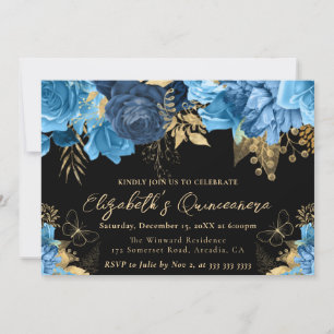 Watercolor Blue and Gold Flowers Quinceanera Invitation