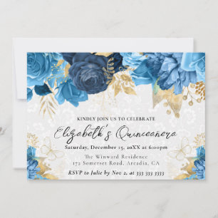 Watercolor Blue and Gold Flowers Quinceanera Invitation