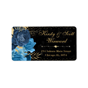 Watercolor Blue and Gold Flowers Wedding Label