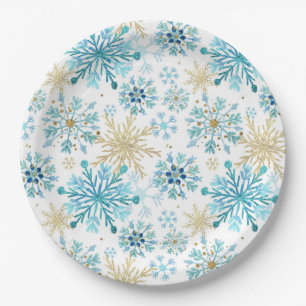 Watercolor Blue and Gold Glitter Winter Snowflakes Paper Plate